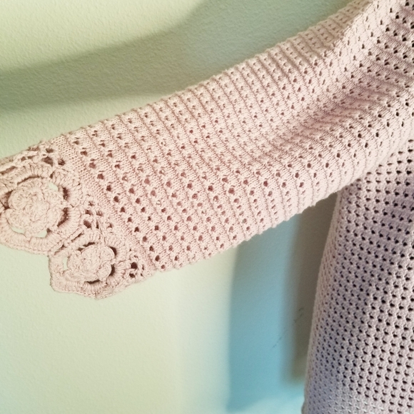 Knit Cardigan Crochet Granny Square TrimOpen Front 3/4 Sleeve Cotton Blend - Picture 3 of 8